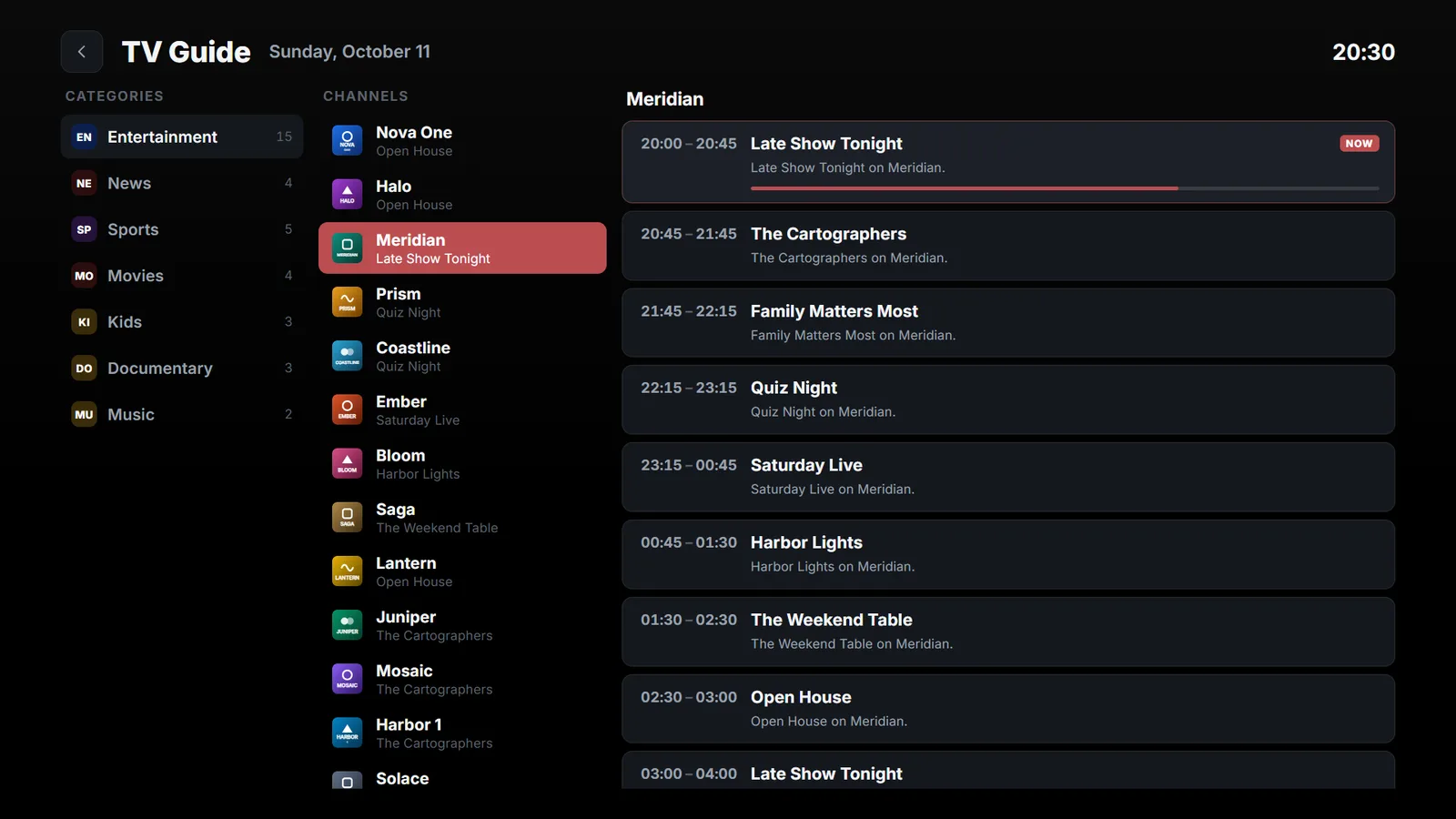 TV guide showing channels and the schedule for the selected channel