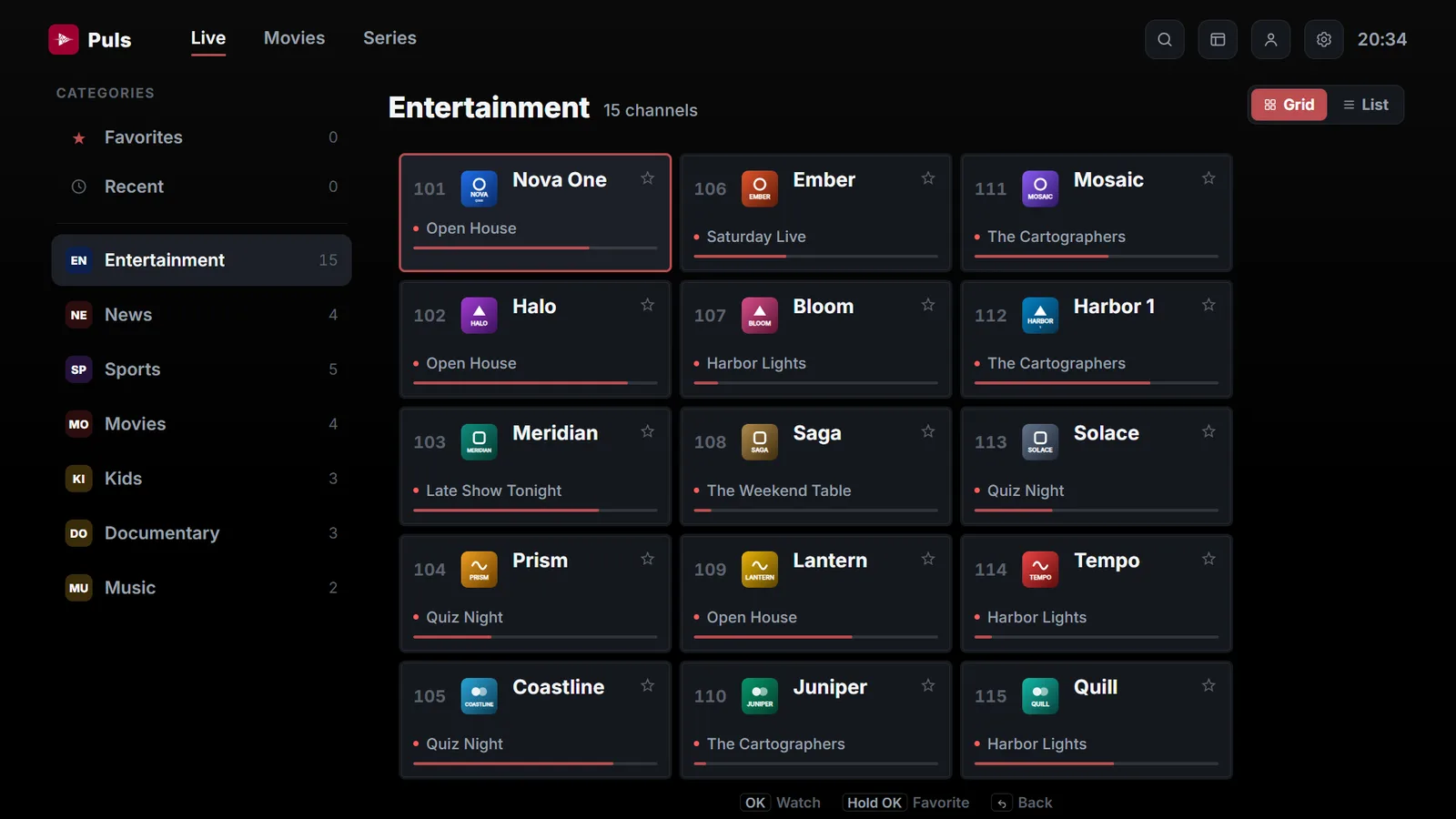 Puls live TV screen: channel categories on the left and a grid of channels showing what's on now