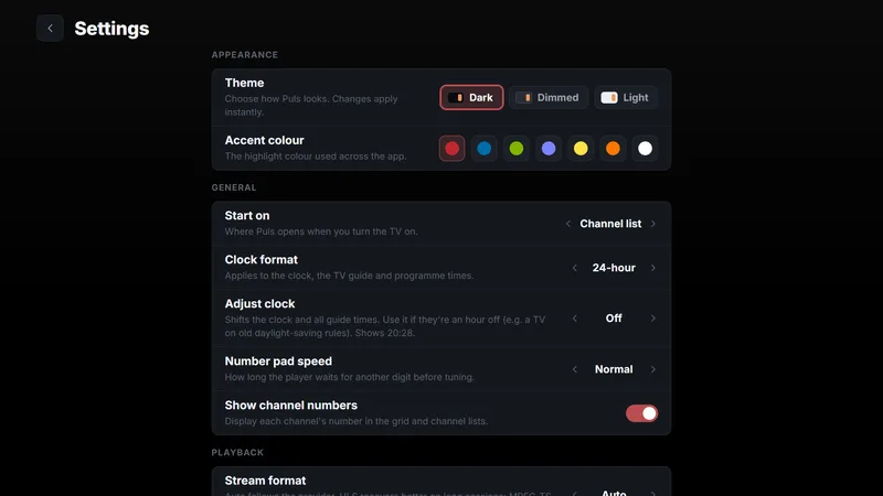 Appearance settings with theme and accent colour options